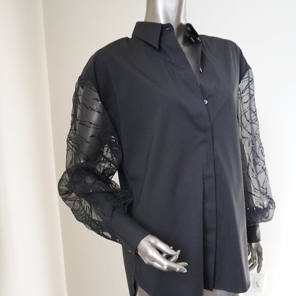 Brunello Cucinelli Black Sequin Blouse Button Down Sheer Sleeves Medium New Tags - Picture 5 of 8